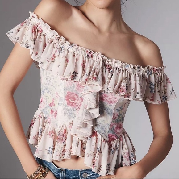 Anthropologie Off-the-Shoulder Floral Mesh Top - Picture 1 of 4